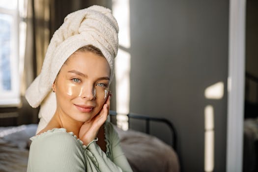 A serene portrait of a woman with under eye patches, enjoying a self-care moment with a towel wrapped on her head.