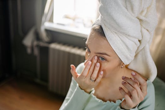 Adult woman applying under-eye masks at home for skincare routine.