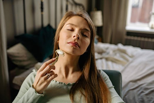 Woman enjoying skincare routine with jade roller indoors.