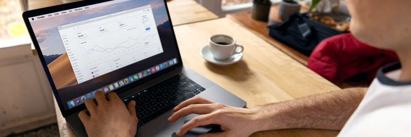 A person working on a laptop with business analytics displayed, showcasing a remote work setup in a cozy environment.