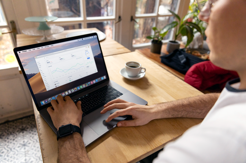 Free A person working on a laptop with business analytics displayed, showcasing a remote work setup in a cozy environment. Stock Photo