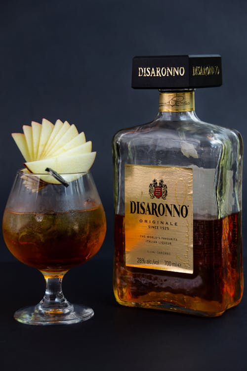 Bottle of Disaronno Amaretto on table.