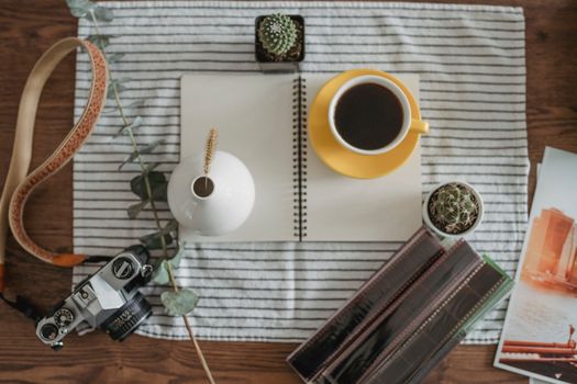 From above of cup of coffee and white vase placed near vintage photo camera and potted plants on wooden table in daytime