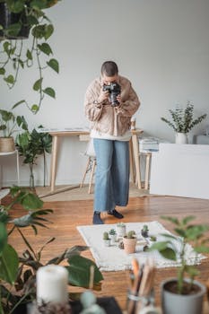 Photographer capturing indoor houseplants and succulents in a cozy, natural light setting.