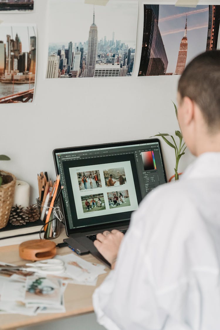 Busy Woman Editing Photos On Laptop