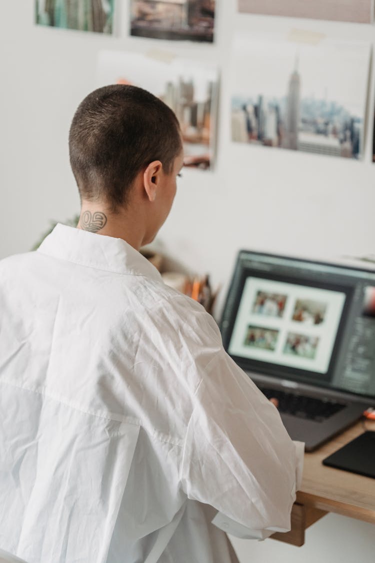 Woman Working In Graphic Photo Editor On Laptop