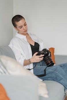 Serious woman looking through images on photo camera while sitting on comfortable couch in apartment