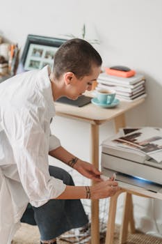 High angle of female with short hair sitting near laptop and cup of coffee and printing photos