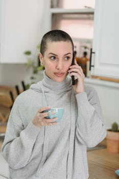 A young woman stands in her kitchen, enjoying a coffee and phone call, capturing a moment of relaxation.