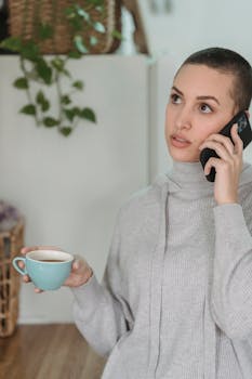 Thoughtful young female in gray domestic clothes having conversation via cellphone and enjoying hot drink in light room