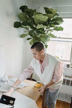 Tattooed woman with leaf leaning forward at table with cup of hot drink and textiles against tropical plant at home