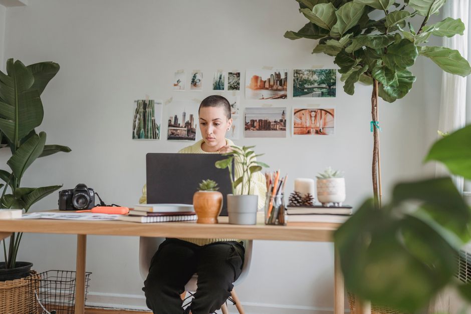 digital transformation skills every professional needs - Pensive female photographer browsing netbook while sitting at wooden table with photo camera in light room with potted green plants