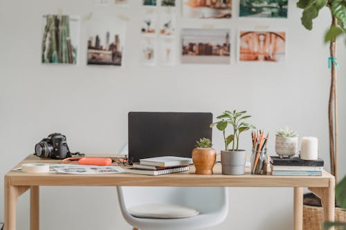 Wooden table with modern netbook and photo camera placed near printed photos with small decorative flowerpots at wall with pictures