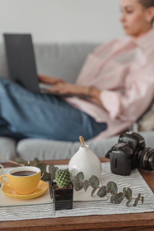 Free Side view of crop unrecognizable female typing on netbook while lying on couch near table with cup of tea near green twig and photo camera Stock Photo