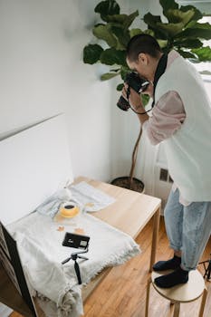 A female photographer focuses on capturing a product photo setup indoors with a camera.