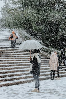 People walking in snow with umbrellas on a wintery outdoor staircase.