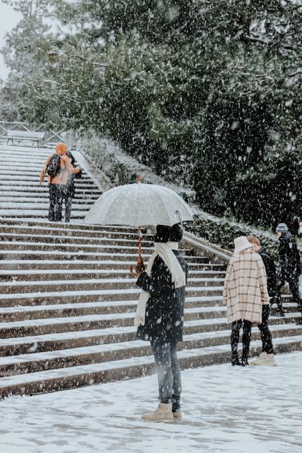 People walking in snow with umbrellas on a wintery outdoor staircase.