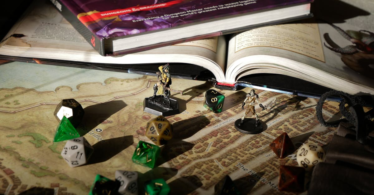 Close-up of tabletop RPG setup with books, dice, and figurines on a map.