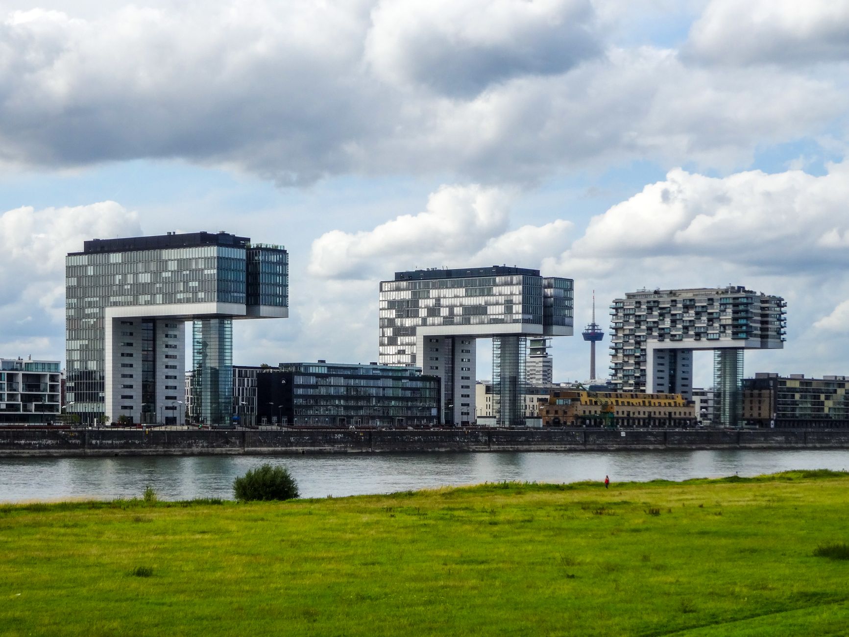 The Kranhäuser crane buildings viewed from the Rhine promenade
