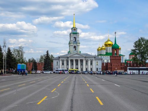 Free A striking view of Assumption Cathedral with its golden domes in Tula, Russia. Stock Photo