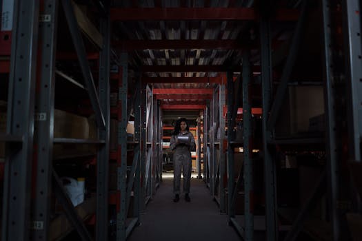 A woman stands in a narrow warehouse corridor, inspecting inventory under dim lighting.