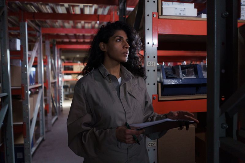 Warehouse manager checking inventory on a clipboard