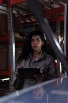 A focused woman holding a clipboard conducting an inventory check in a warehouse aisle.