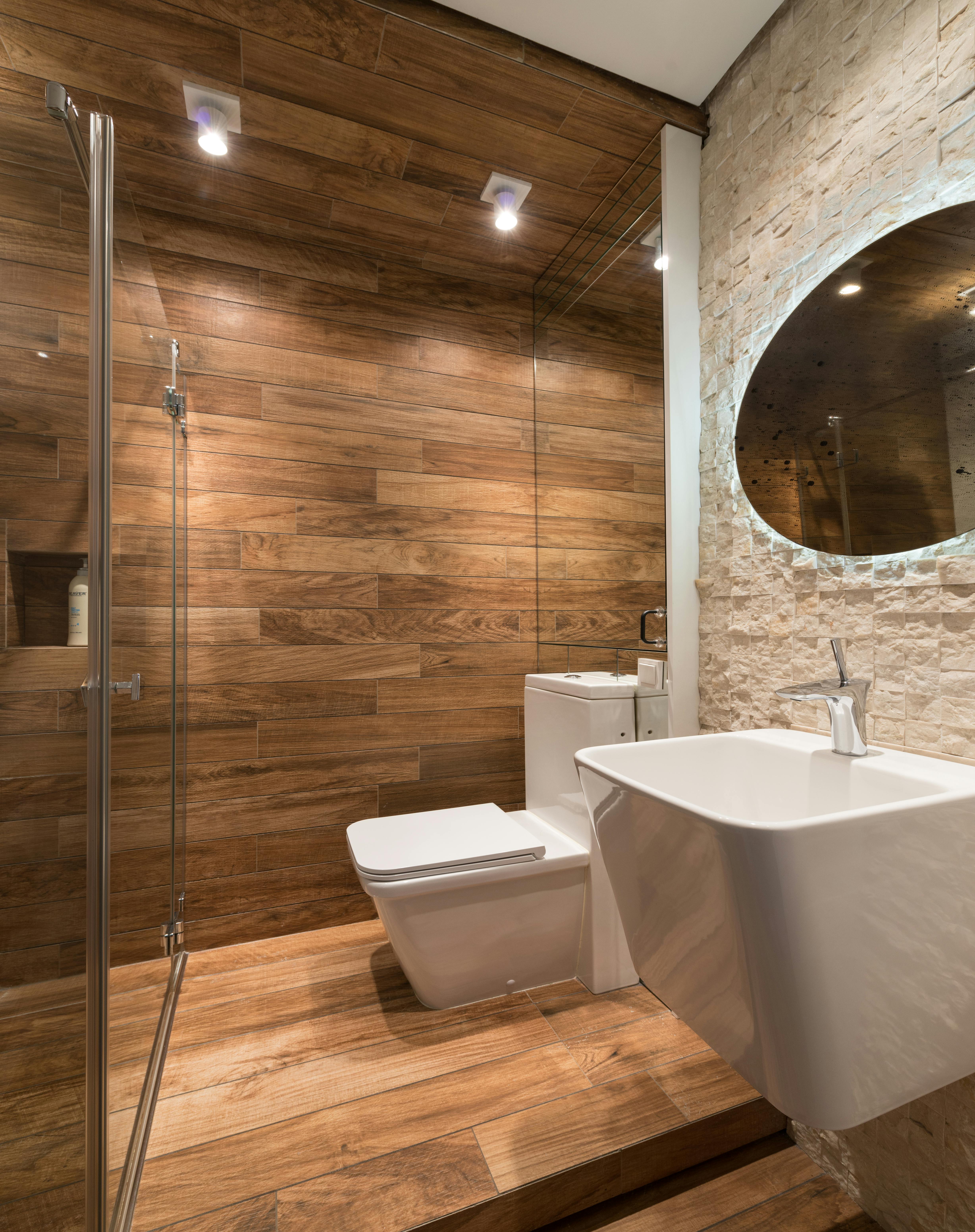 contemporary washroom with creative sink and mirror