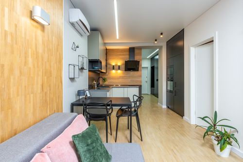 Free Comfortable sofa with cushions placed near table at kitchen with modern appliances in spacious flat with flowerpot and long corridor Stock Photo