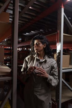A woman in uniform inspects storage racks in a dimly lit warehouse.