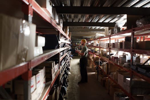 A warehouse worker sorting items on shelves in an organized storage space.