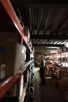 A worker organizing shelves in a dimly lit warehouse environment.