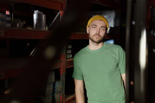 Photo of a Man in a Green Shirt Wearing a Yellow Beanie