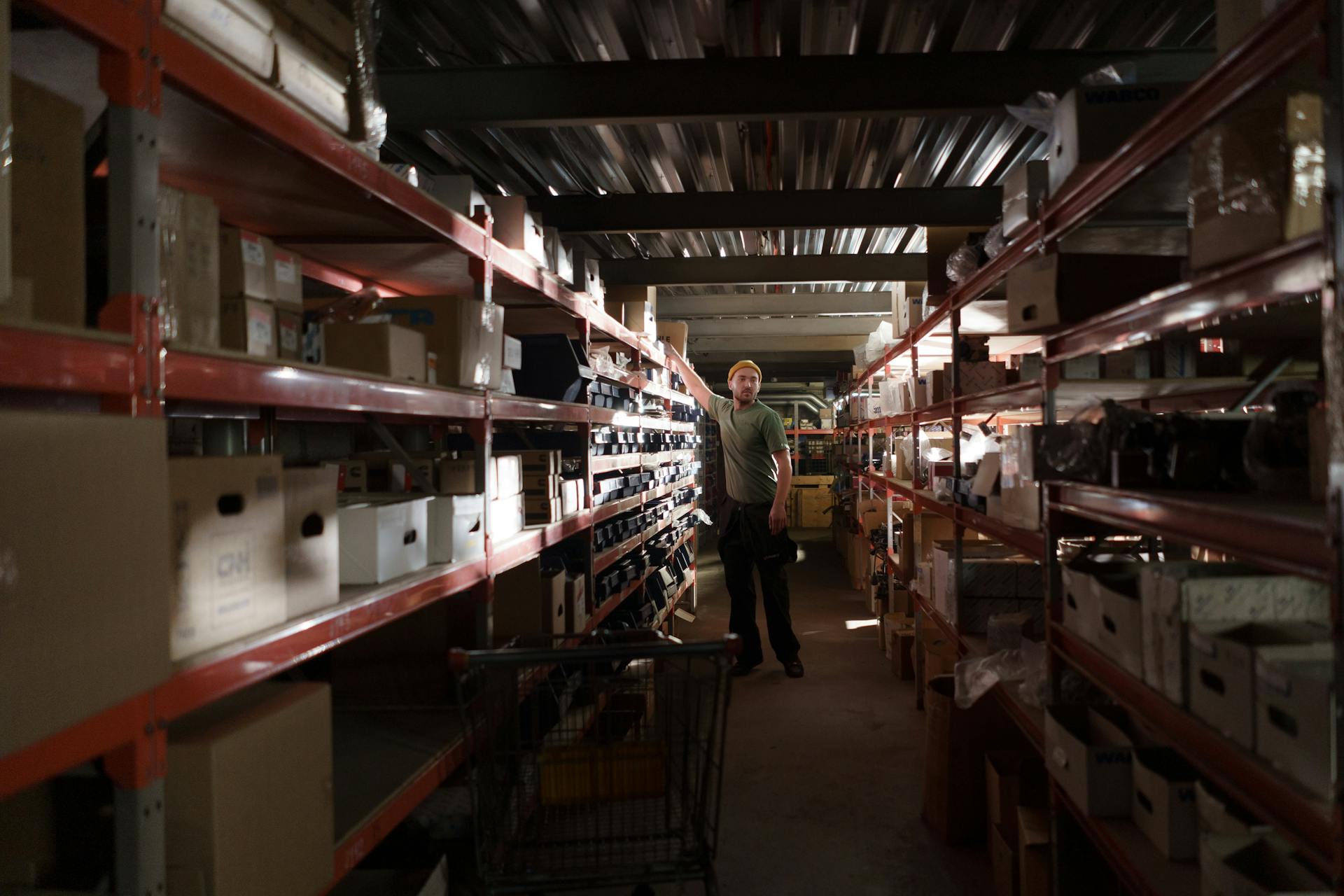 Man in Green Shirt Working in the Storage