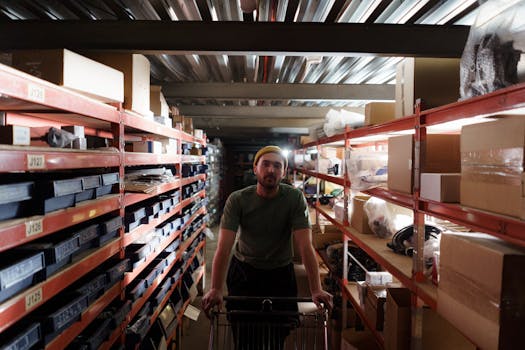 A man moves a cart through a busy warehouse aisle lined with shelves and boxes.