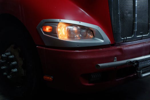 Detailed view of a red truck's illuminated headlight at night. Strong industrial vibe.