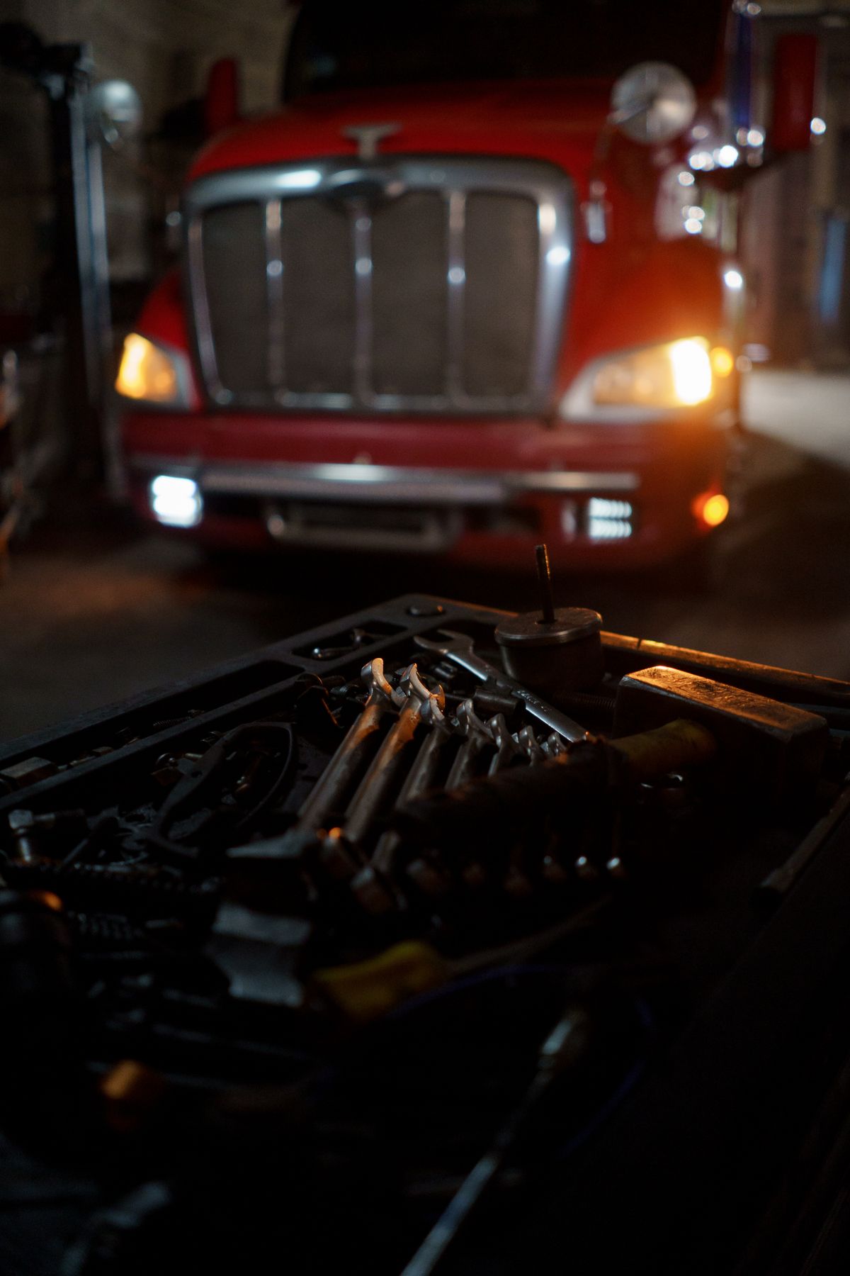 Garage tools and truck in service bay