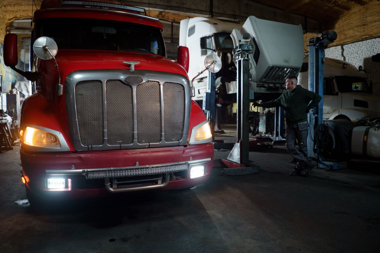 Semi truck in a repair workshop