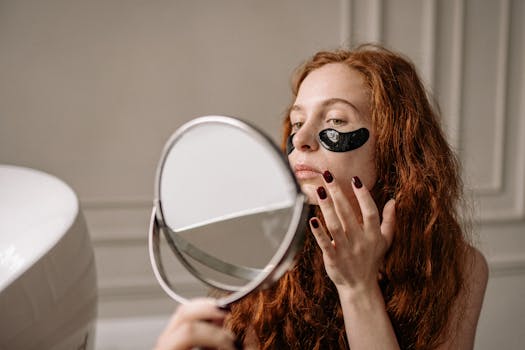 Woman with a beauty routine applying under eye masks while looking in a mirror indoors.