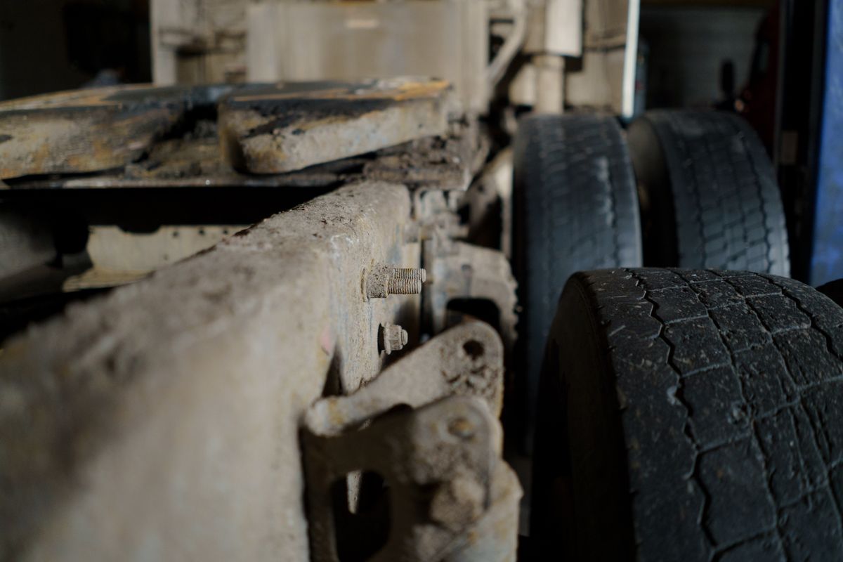 Close-up of truck chassis and tires