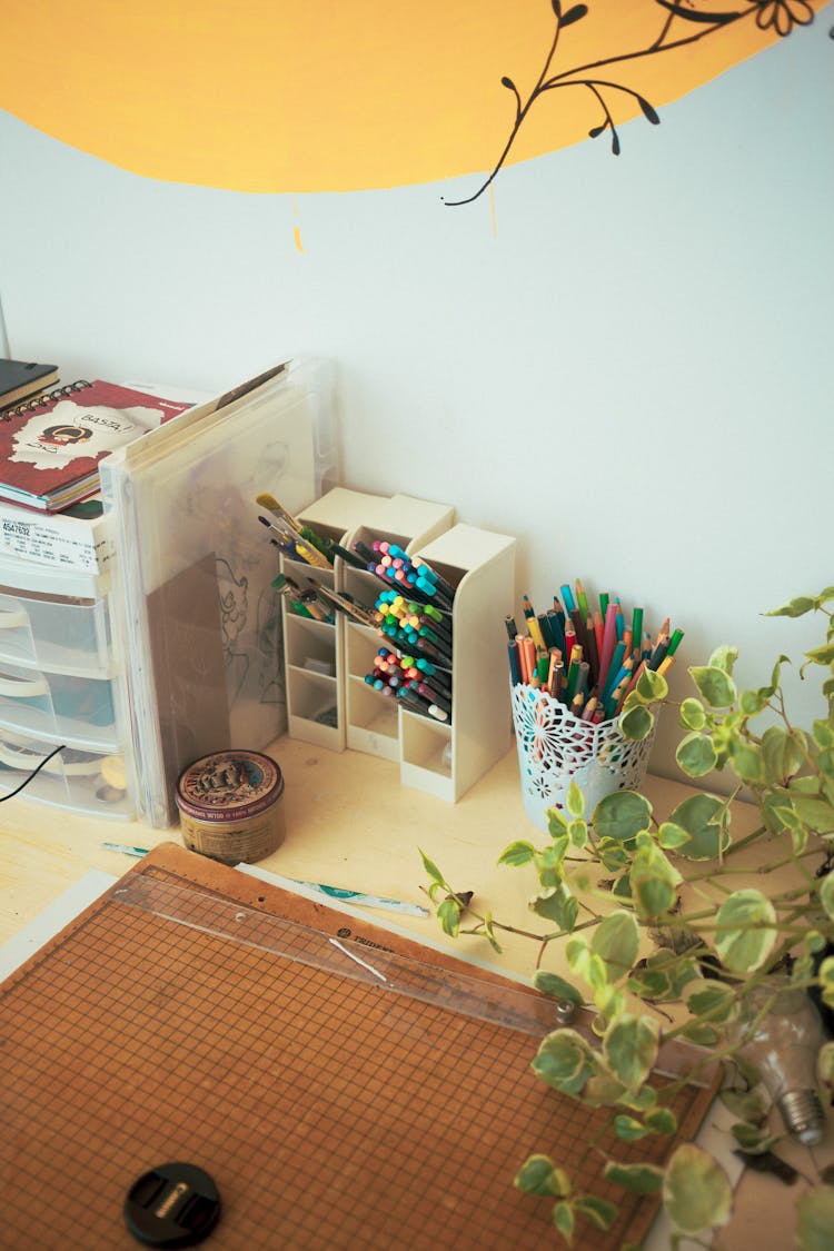 Desk With Organized Colorful Pens