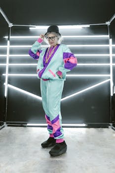 Senior woman in colorful tracksuit posing confidently in a modern studio setting.