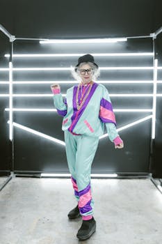 A fashionable senior adult posing confidently in a vibrant tracksuit indoors, exuding joy and energy.
