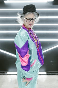 Vibrant portrait of a stylish senior woman in retro activewear and accessories.