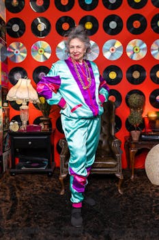 Stylish elderly woman poses in colorful outfit against a vibrant vinyl-record wall.