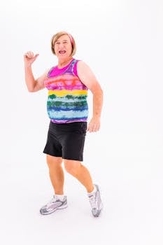 Joyful senior woman in vibrant activewear enjoying fitness indoors.