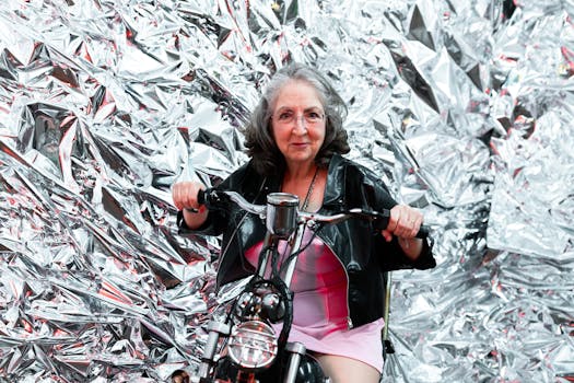 Elegant senior woman posing on a motorcycle with a metallic backdrop, embodying confidence and style.