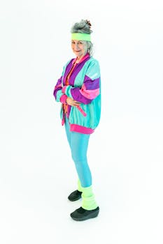 Senior woman smiling in colorful vintage aerobics outfit, conveying joy and energy.