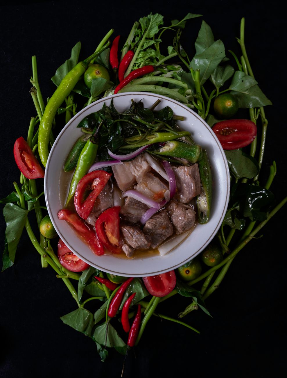 Bowl of bicol express showing creamy coconut milk sauce with visible red chilies and pieces of pork