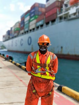 Industrial dockworker in safety gear standing by a cargo ship in Singapore harbor.